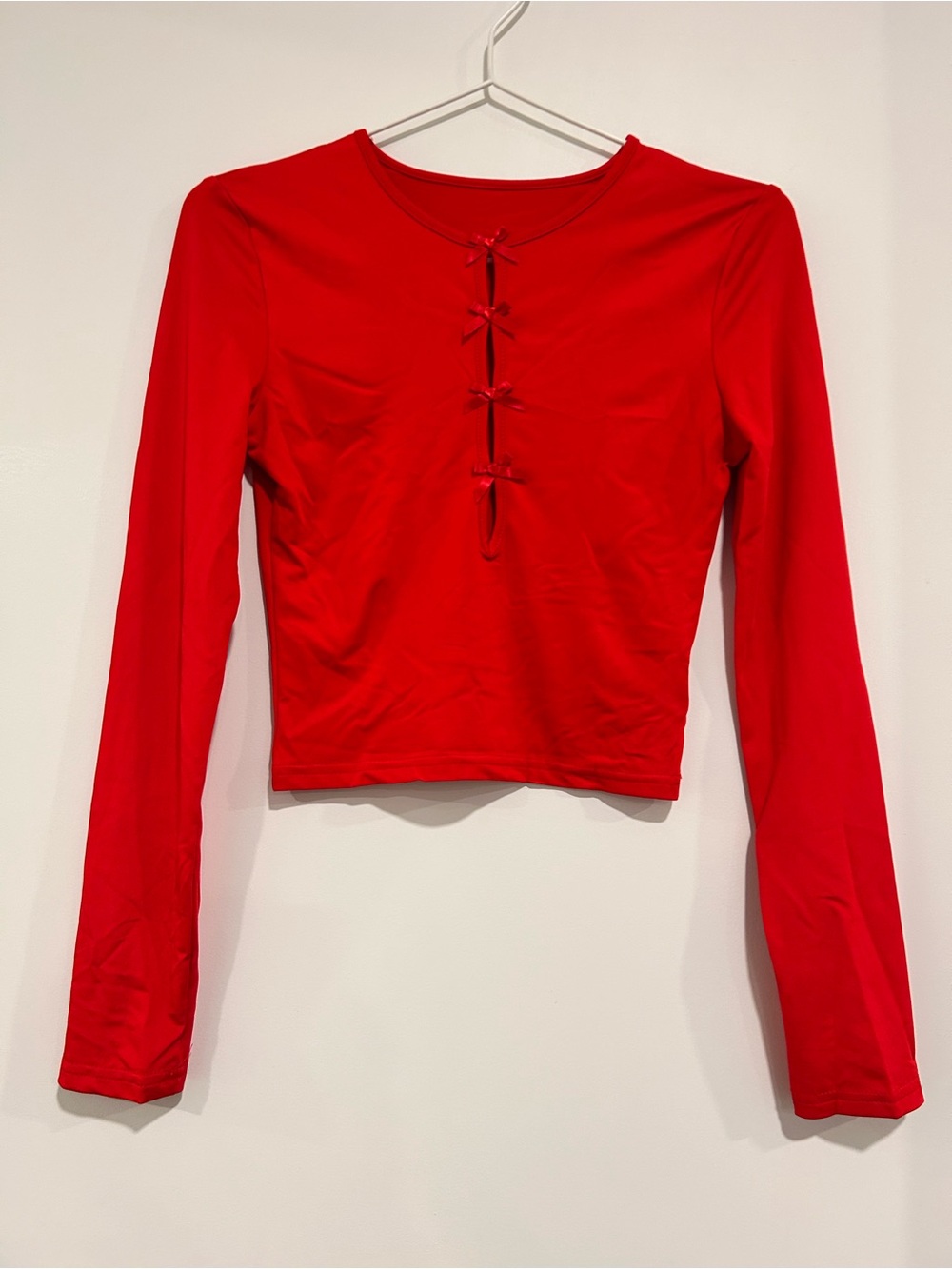 Red Long-Sleeve Tie-Front Crop Top